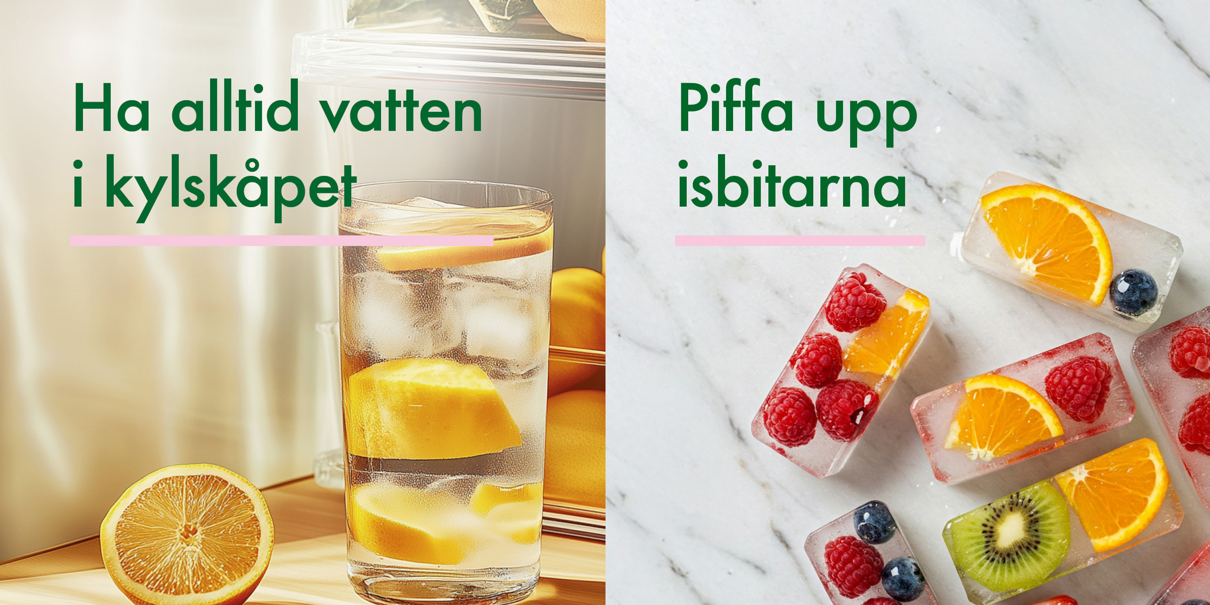 Text: Ha alltid vatten i kylskåpet. Bild: Vattenglas med isbitar och apelsinskivor.