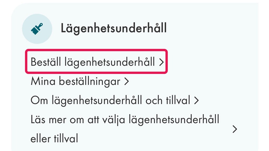 Skärmdump som visar Beställ lägenhetsunderhåll under rubriken Lägenhetsunderhåll